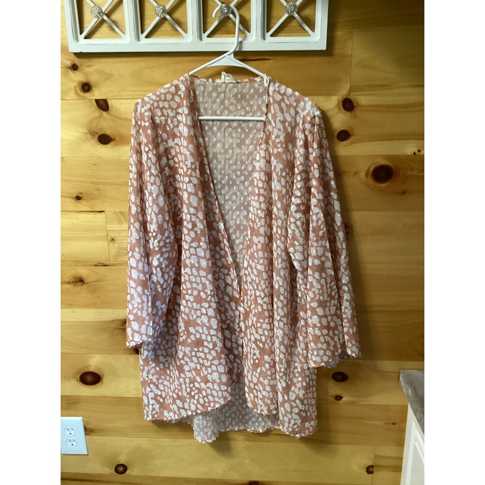 Peach Love California Kimono Cardigan Small Pink White Clip Dot Animal Print